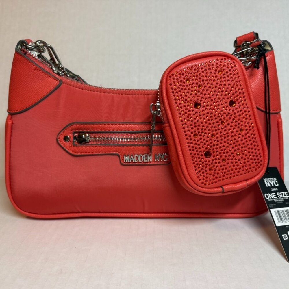 Madden NYC Women's Chain Strap Crossbody Handbag with Pouch, Deep Orange
